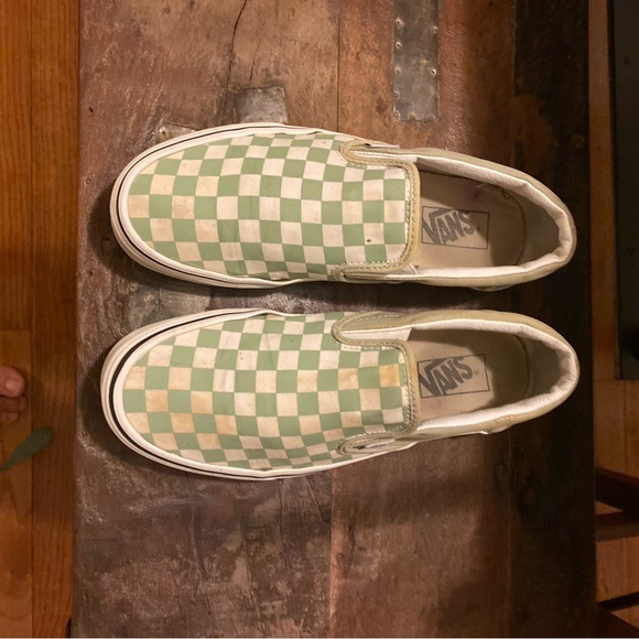 Vans Green and Cream Checkered Slip-On Sneakers - Picture 1 of 6